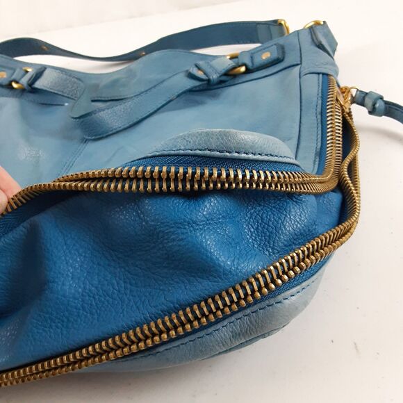 Leather Steven Shoulder Bag - Gem Steven Blue Leather Hobo Shoulder Bag Crossbody Bag Expandable Zippered Accent